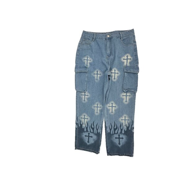 Pants - Unbranded Cargo Wide Leg Women's size L Medium Wash Blue Denim Jeans